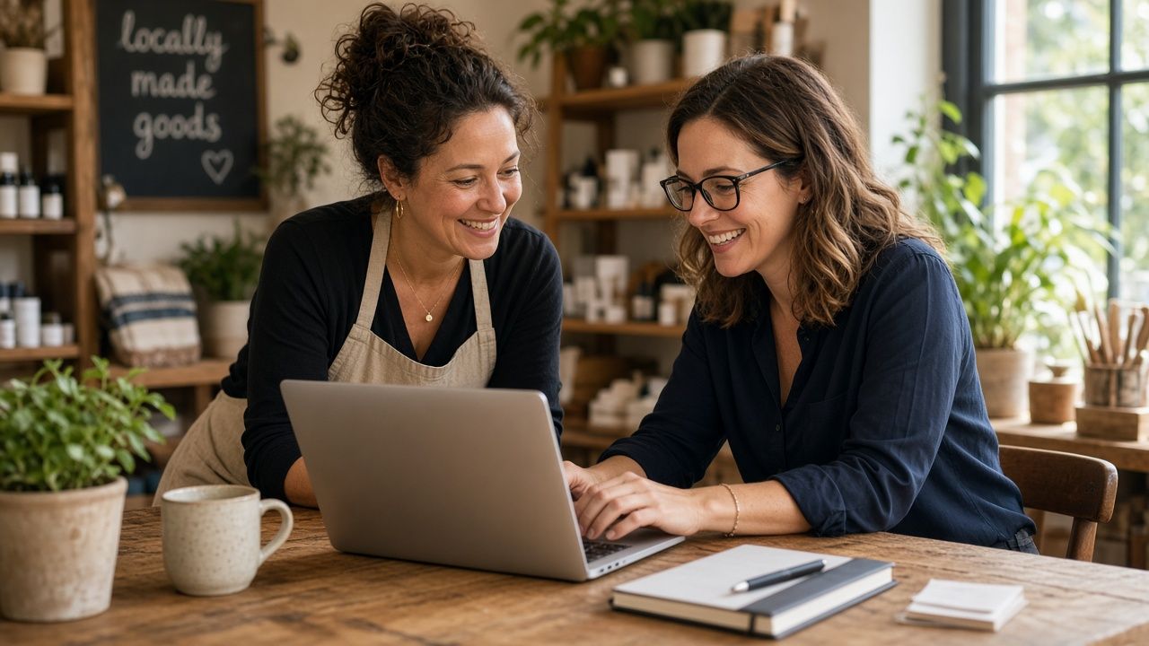 Illustrative image: two smiling women looking at a laptop together at a table in a local shop.